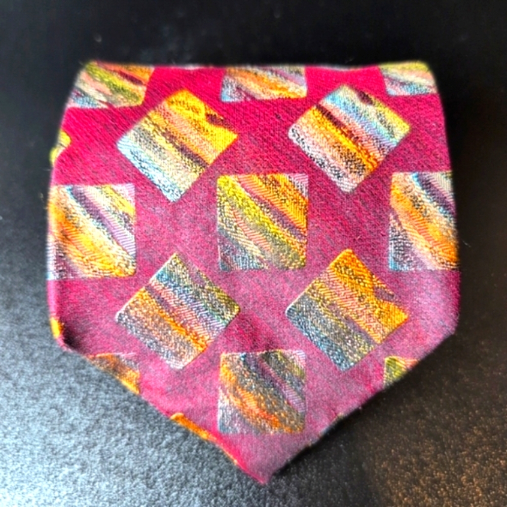 Nick Hilton Collection Silk Tie Burgundy Geometric Italian Fabric Hand Sewn USA
